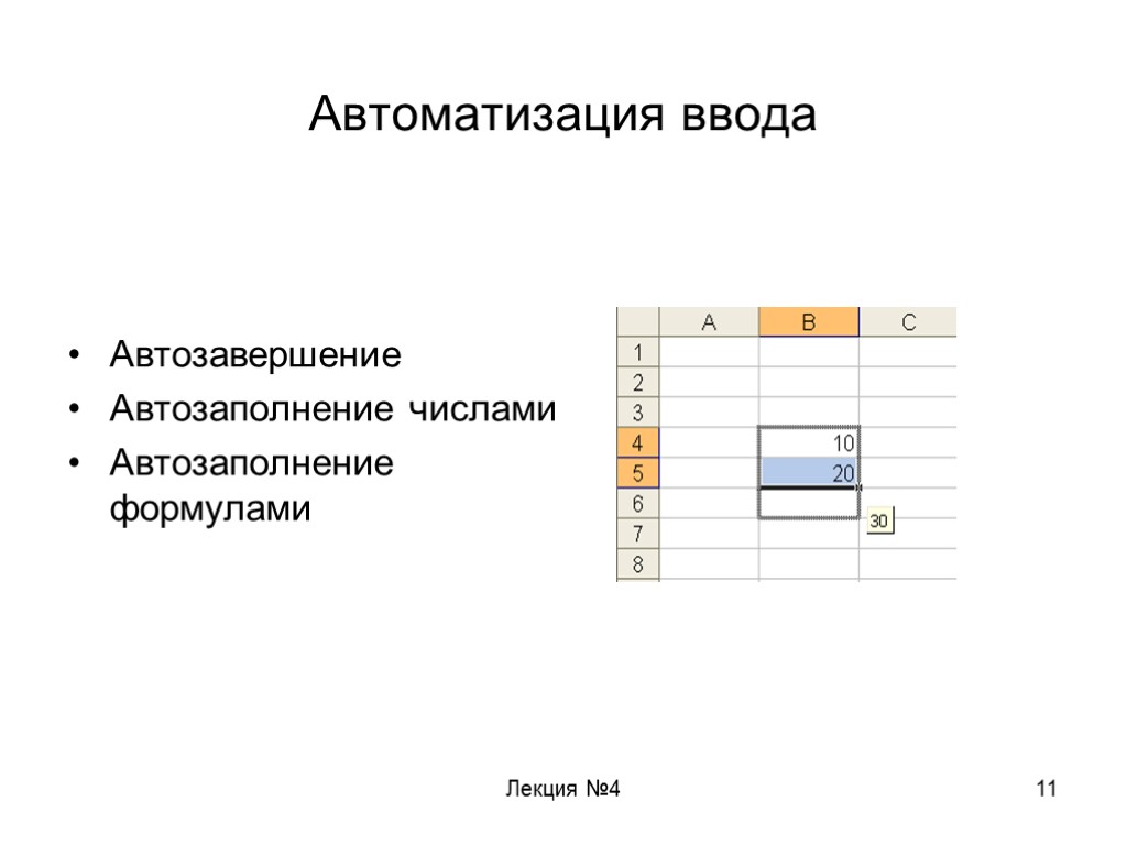 Лекция №4 11 Автоматизация ввода Автозавершение Автозаполнение числами Автозаполнение формулами